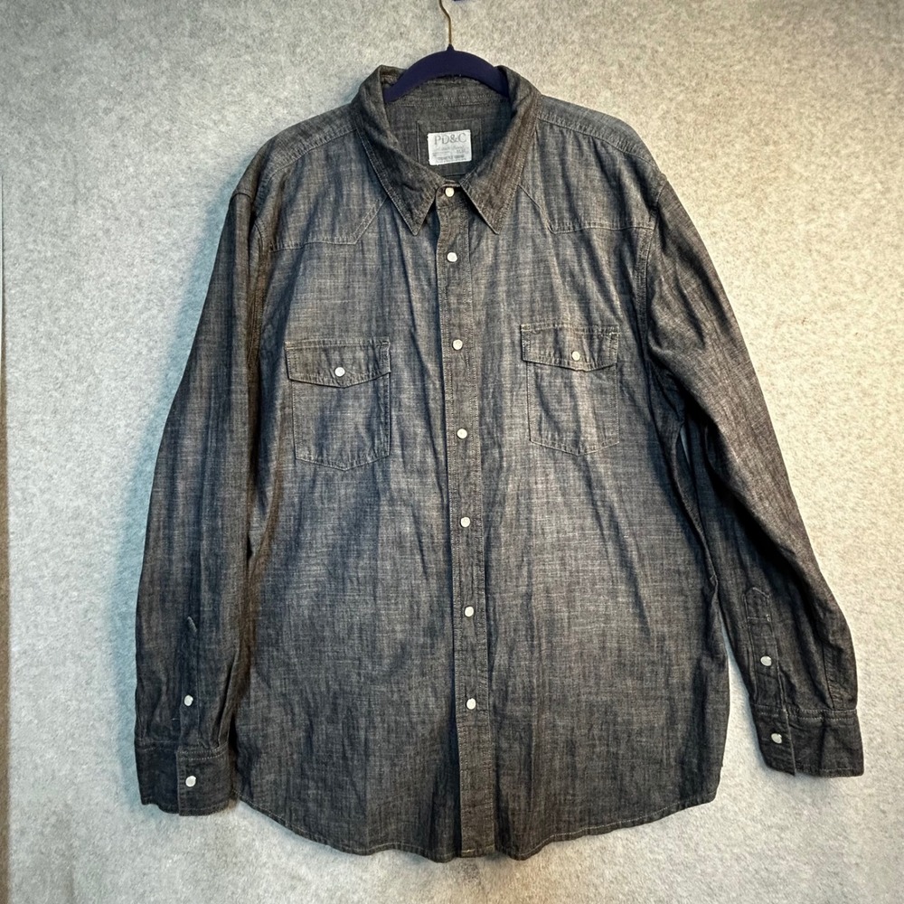 PD&C Men Denim Shirt Long Sleeve Snap Button Western Style Gray XXL Cowboy Rodeo